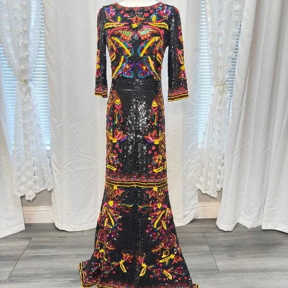 Alice and Olivia Beaded Sequin Embroidered Gown Dress Black Multicolor Size 8